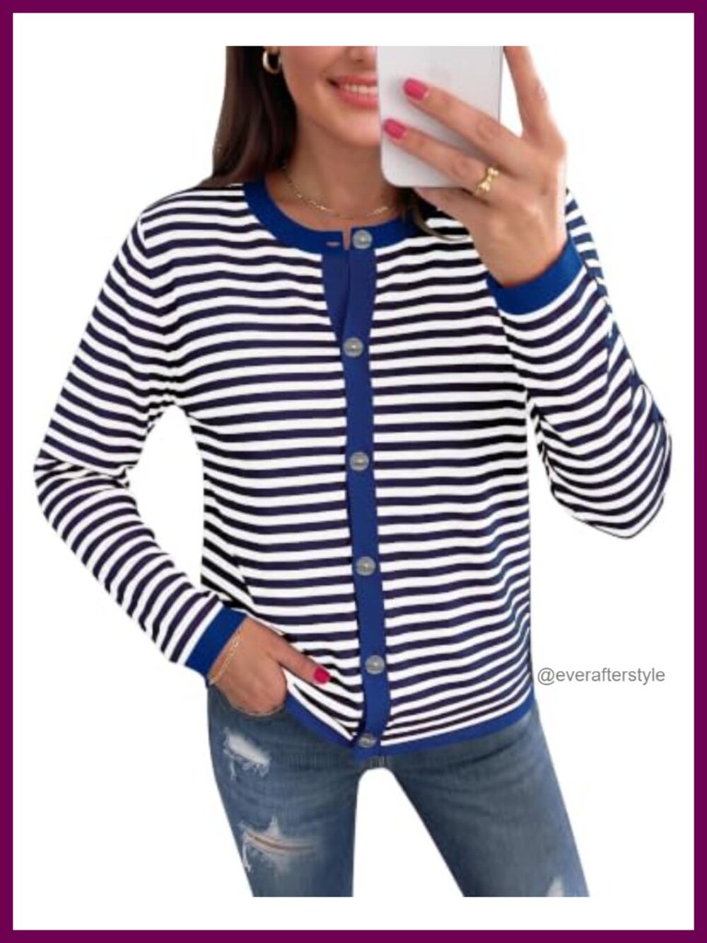 Women's Striped Knit Cardigan Button Down Long Sleeve Sweater